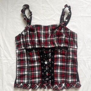 Tripp nyc red Plaid Lace-Up Women's Top removable straps